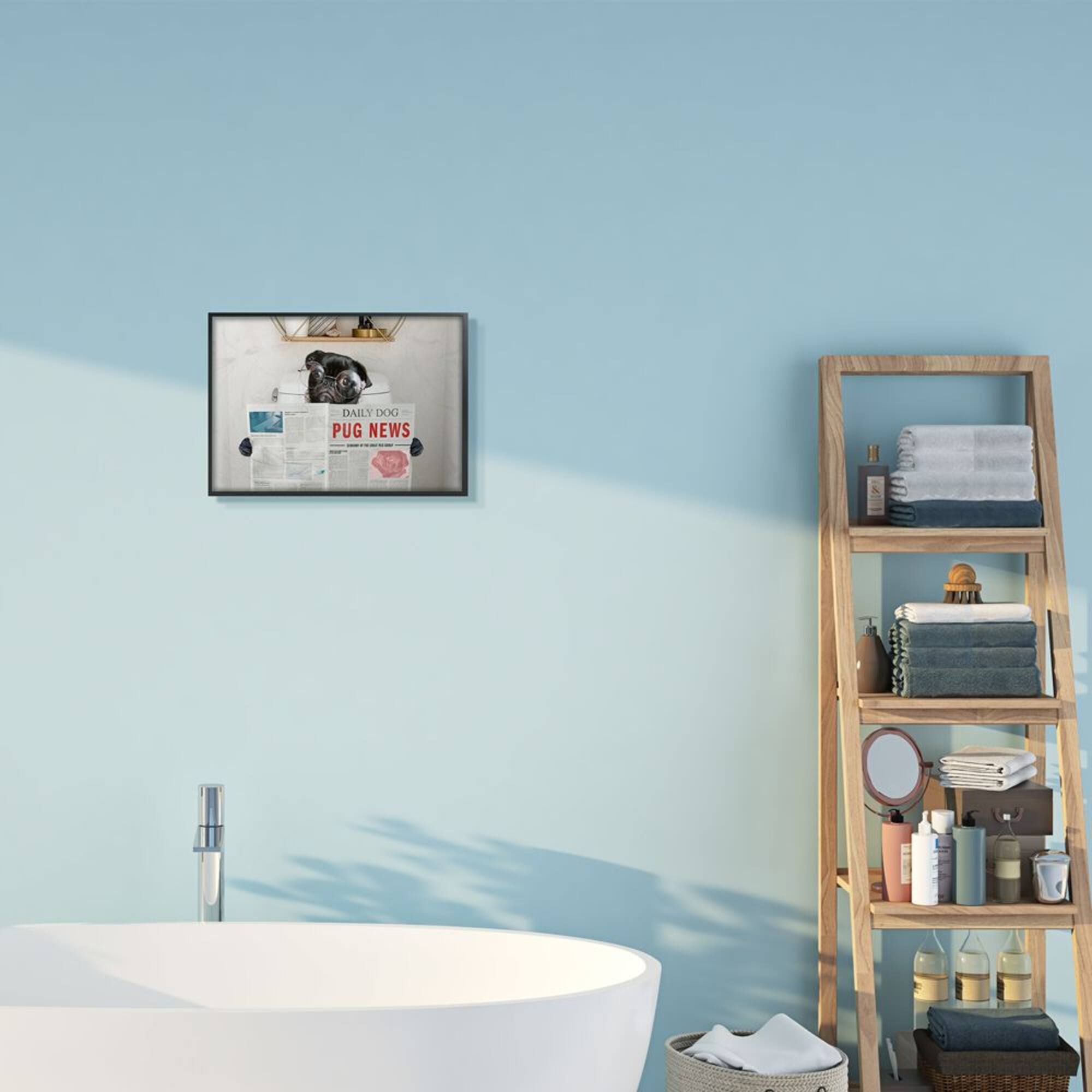 Stupell Industries Bathroom Pug Daily Toilet Briefing Dog Humor Framed Wall Art